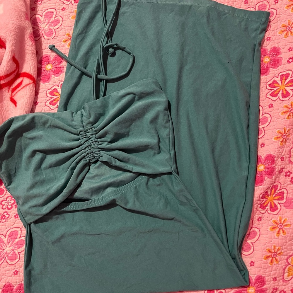 Teal Ruched Halter Dress